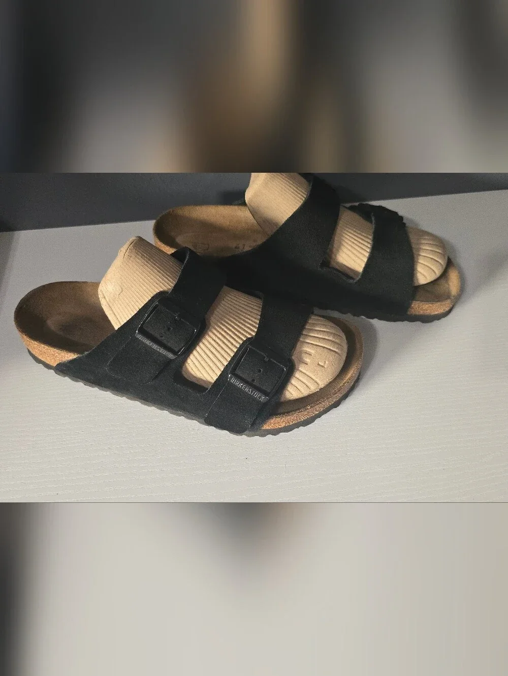 Birkenstock Men's Black Suede Two-Strap Cork Footbed Sandals